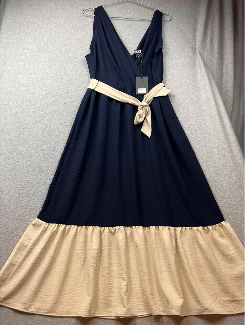 DKNY V-neck Ruffle Hem Midi Dress Womens Size 16 Navy Elegant Event Romantic